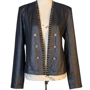 Oolala Black Faux Leather Cropped Jacket Gold Chain Trim Animal Lining M
